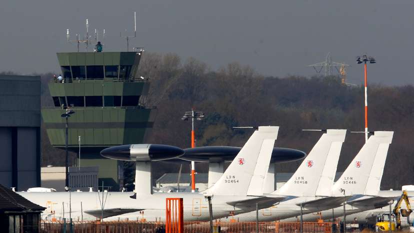 NATO AWACS aircrafts stand on apron at AWACS air base in Geilenkirchen
