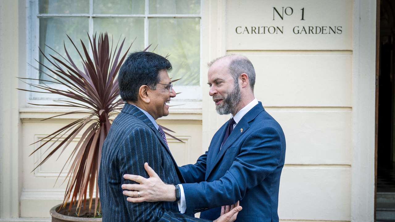 Britain's Secretary of State for Business and Trade Jonathan Reynolds welcomes Indian Minister of Commerce and Industry Piyush Goyal for trade talks, in London