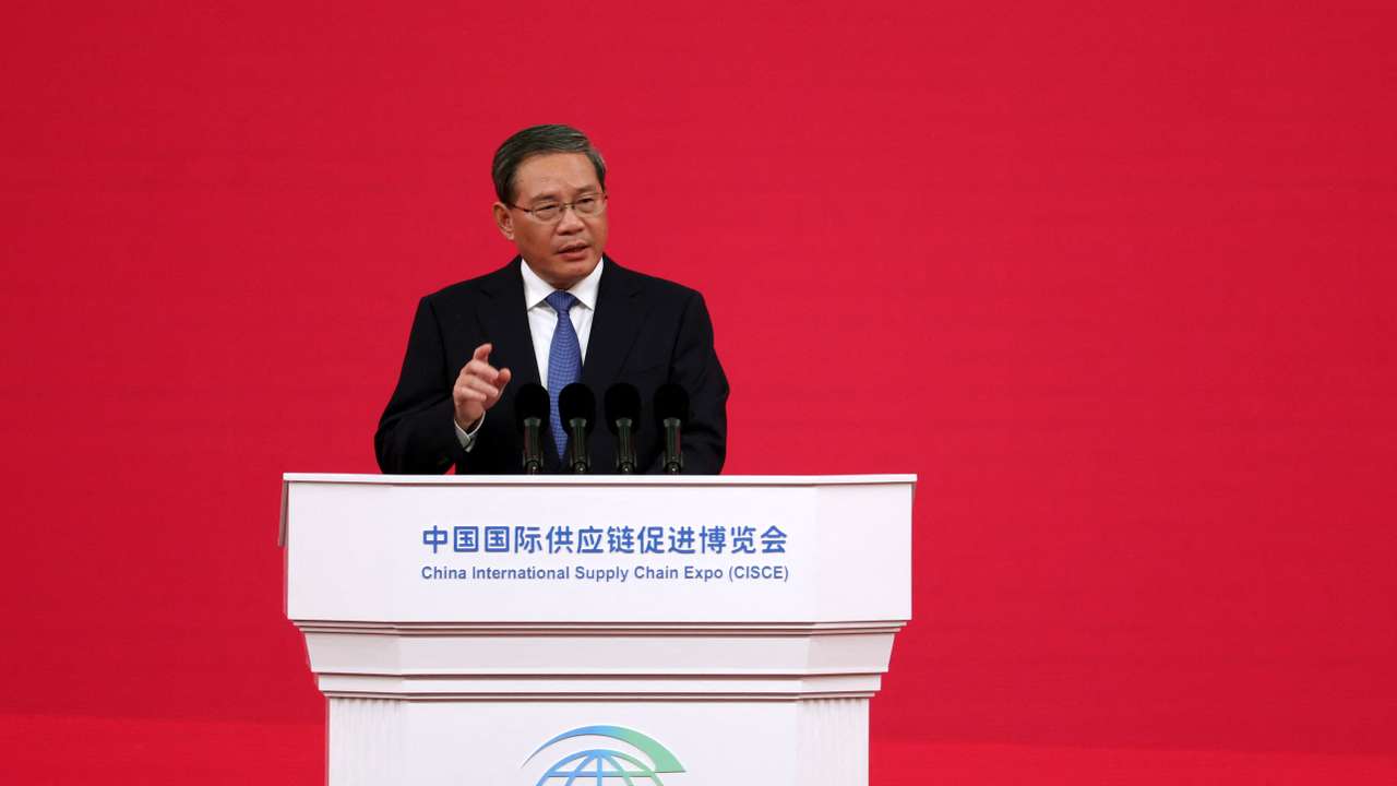 Chinese Premier Li Qiang speaks at the China International Supply Chain Expo in Beijing