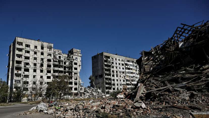 View shows apartment buildings damaged by Russian military strikes in the town of Orikhiv