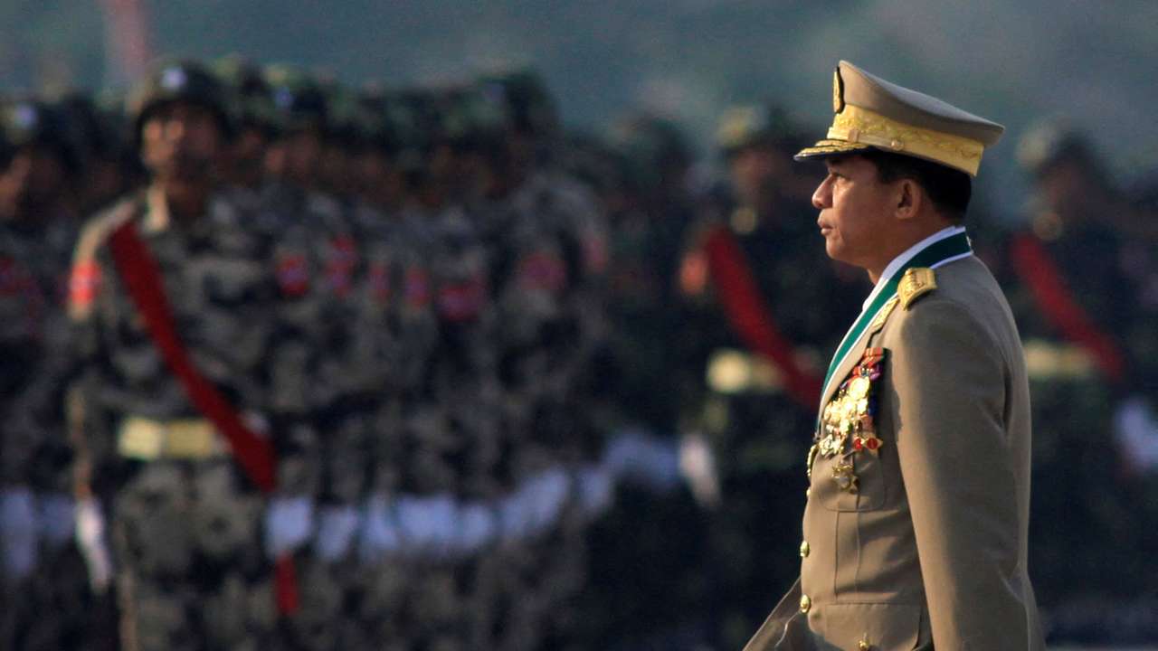 FILE PHOTO: Myanmar's army chief General Min Aung Hlaing inspects troops during a parade to mark the 67th anniversary of Armed Forces Day in Naypyitaw