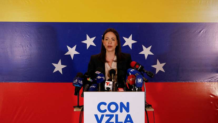 Maria Corina Machado, the winner of Venezuela's opposition presidential primary, addresses the media, in Caracas