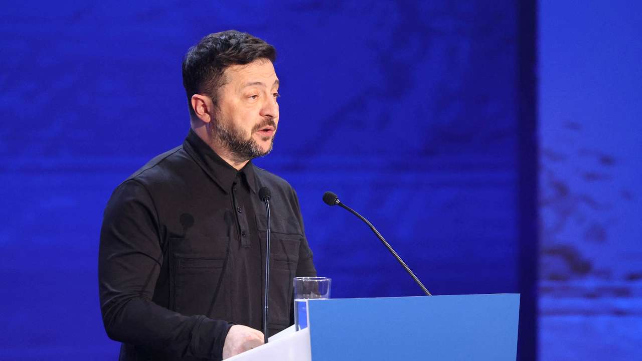 Ukraine's President Volodymyr Zelenskiy speaks during the official opening of Cyprus taking over the EU presidency at the THOC theatre in Nicosia