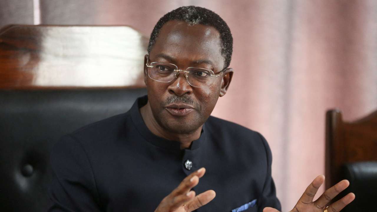 Tanzania's Minister for Home Affairs, George Simbachawene, addresses a press conference in Dar es Salaam