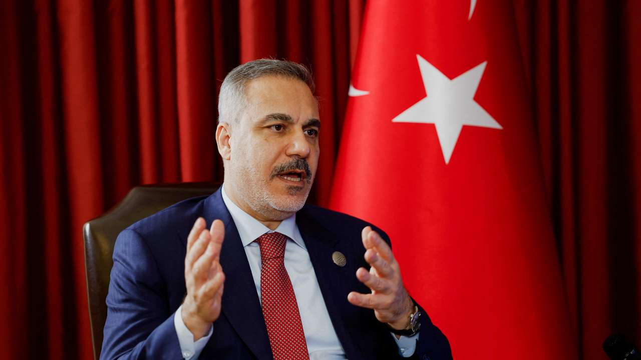 Turkish Foreign Minister Hakan Fidan speaks during an interview with Reuters at the 23rd edition of the annual Doha Forum, in Doha