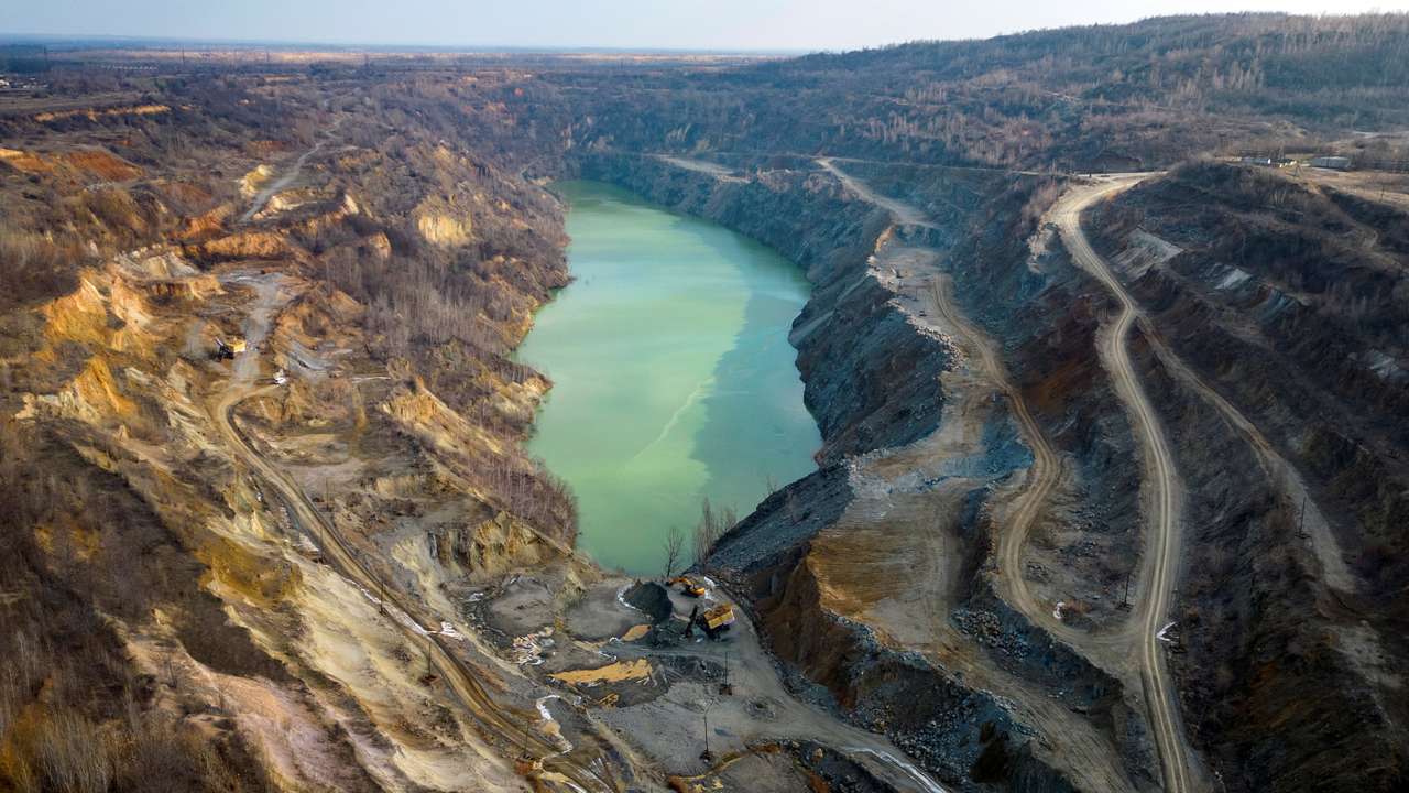 A drone view shows the open pit mine of Zavallievsky Graphite in Zavallia