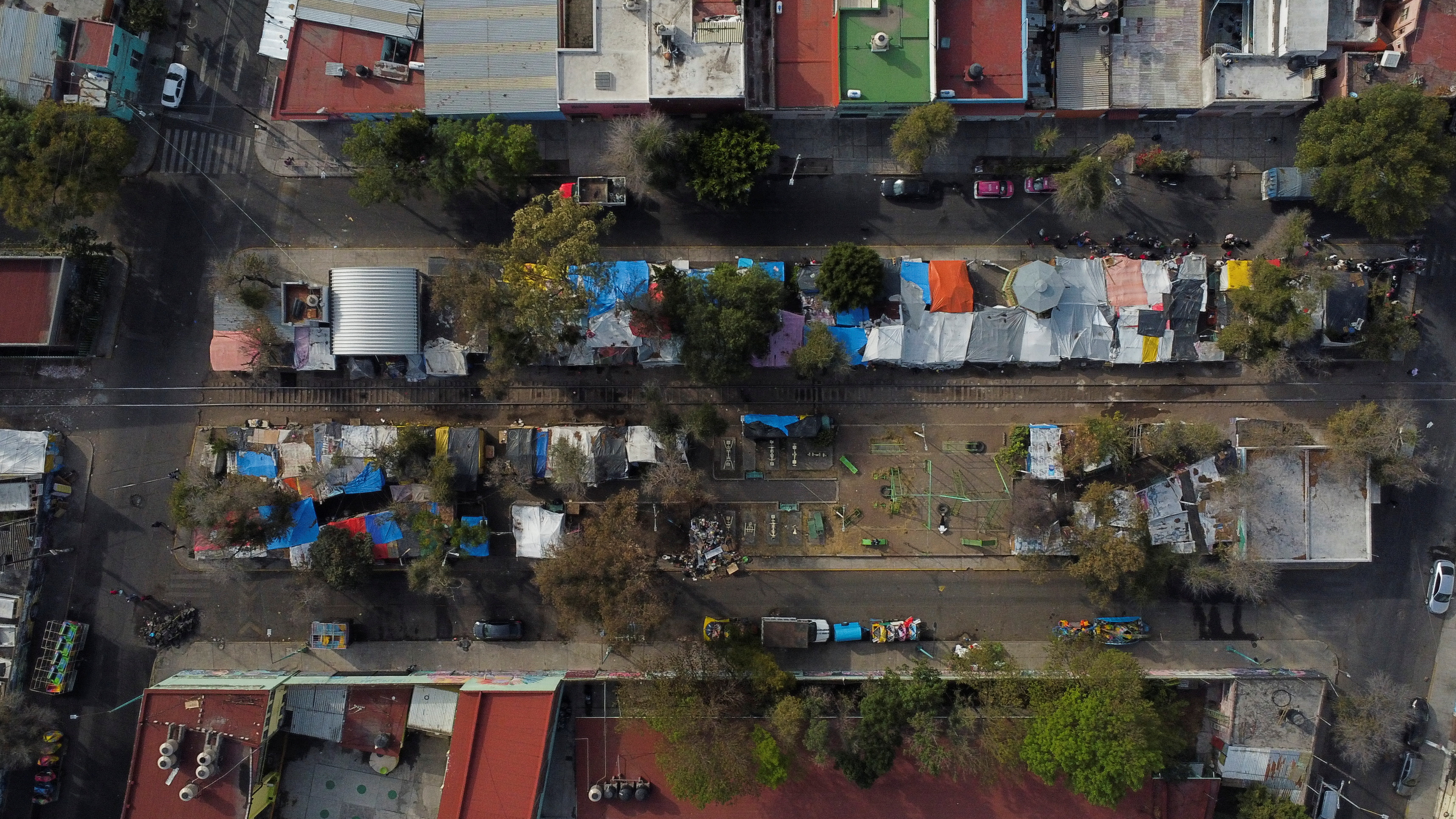 Displaced persons camp where mostly Venezuelan migrants live while waiting for an appointment to request asylum in the U.S., in Mexico City