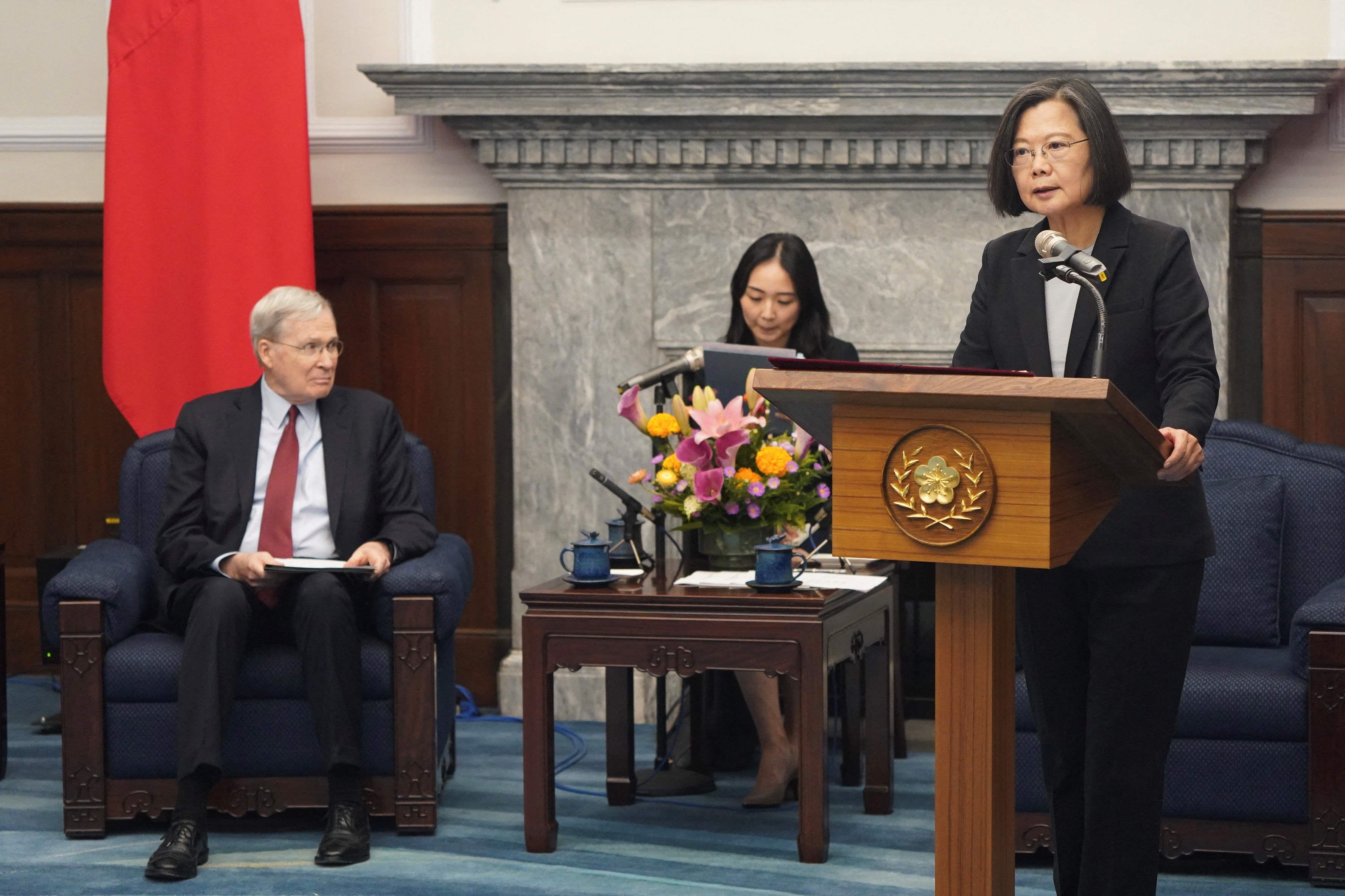 Taiwan's President Tsai Ing-wen meets former U.S. National Security Advisor Stephen J. Hadley at the Presidential building in Taipei