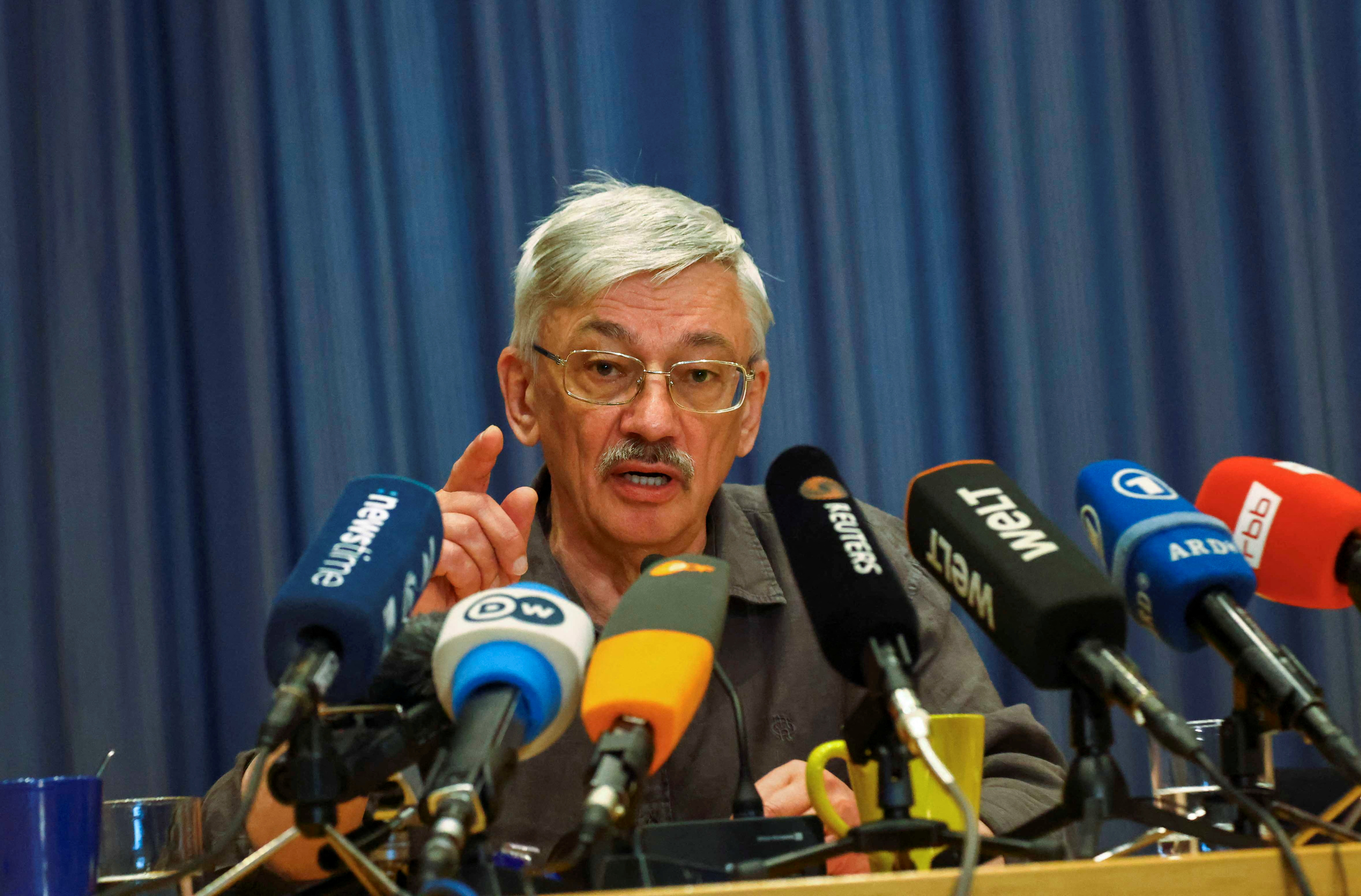 Veteran Russian rights activist Oleg Orlov speaks to Reuters in Berlin