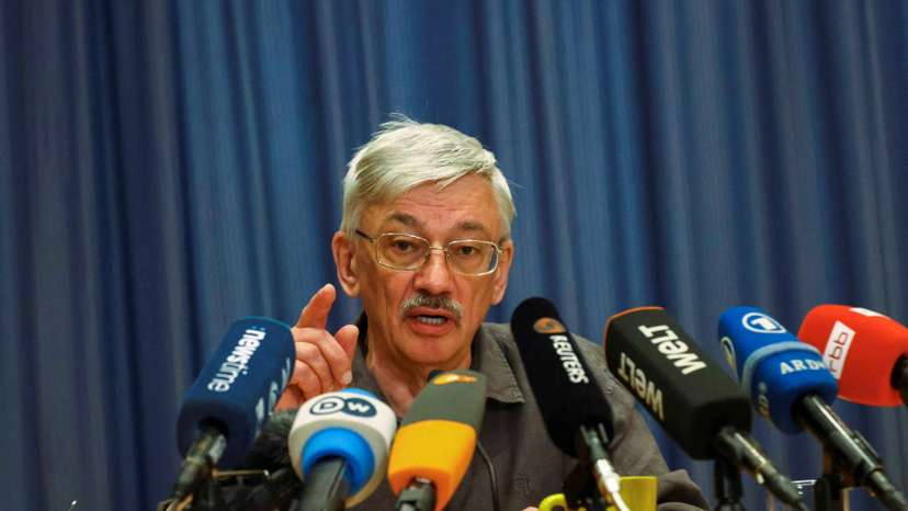 Veteran Russian rights activist Oleg Orlov speaks to Reuters in Berlin