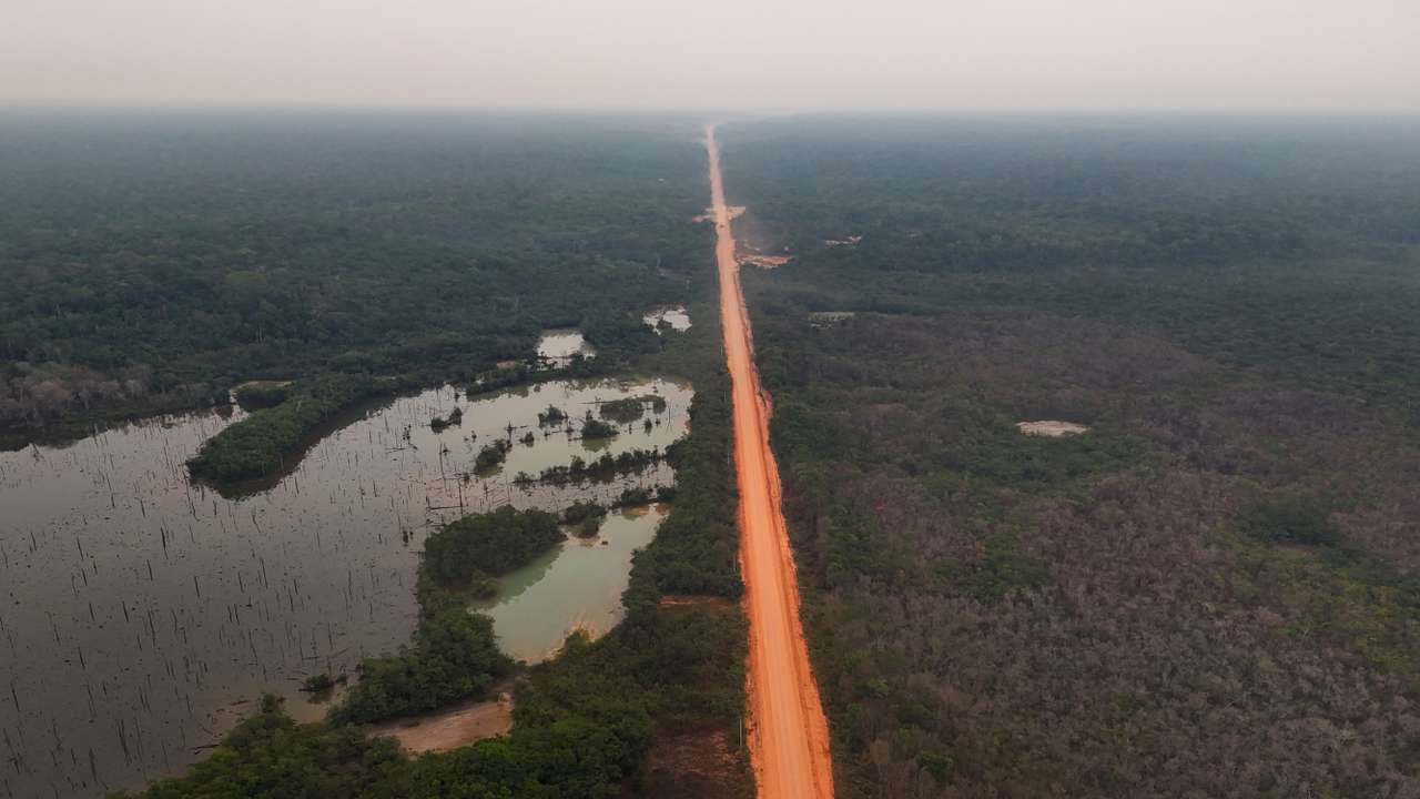 A drone view shows amazon forest surrounding the BR 319 highway in Amazonas state