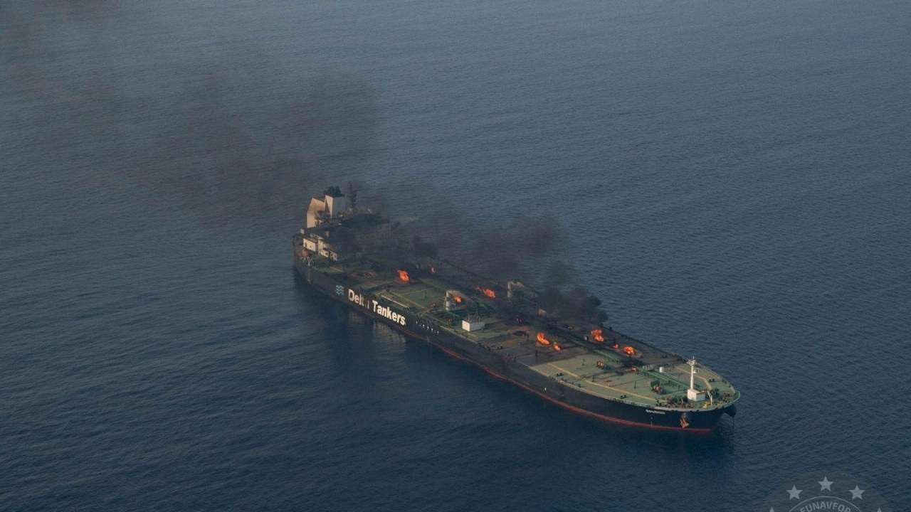 FILE PHOTO: Flames and smoke rise from the Greek-flagged oil tanker Sounion