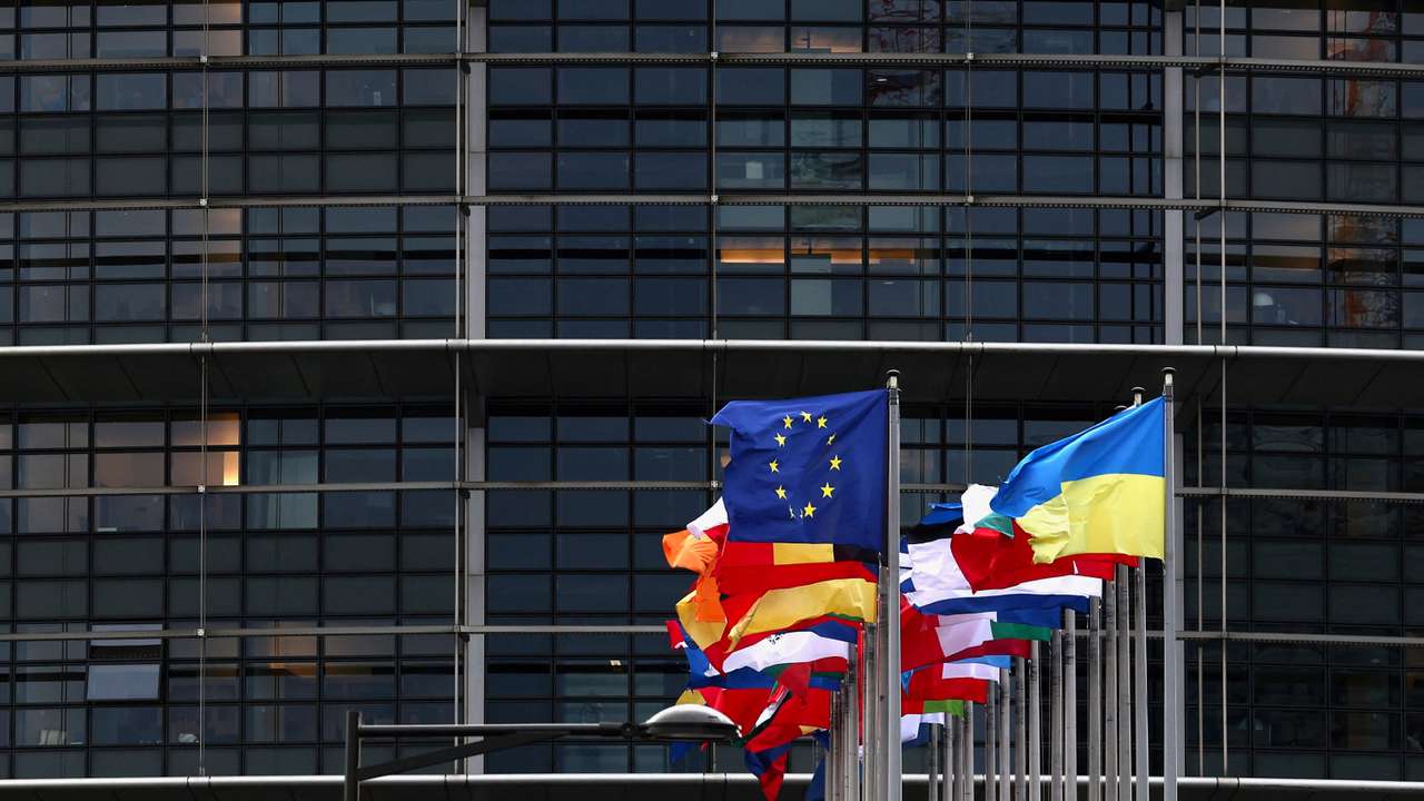 Flags outside the European Parliament in Strasbourg