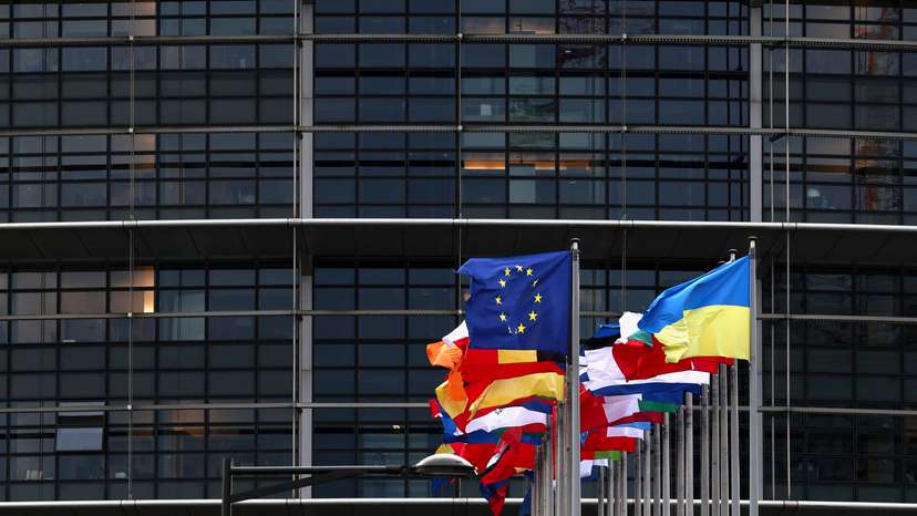 Flags outside the European Parliament in Strasbourg
