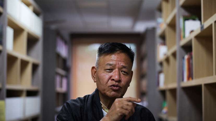 Sikyong Penpa Tsering, the head of Tibet's government-in-exile, reacts during an interview with Reuters, in Dharamshala