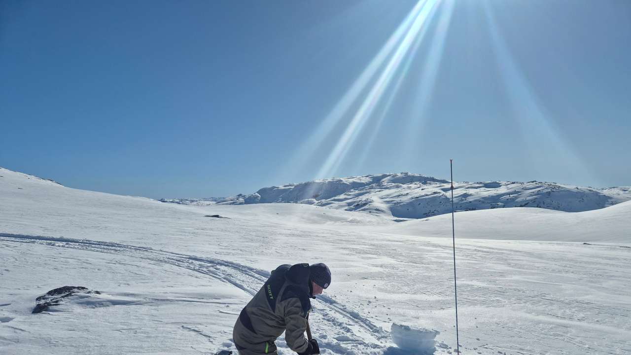 Hydrologist from Statkraft conducts snow measurements, north of the Songa hydro plant in Telemark