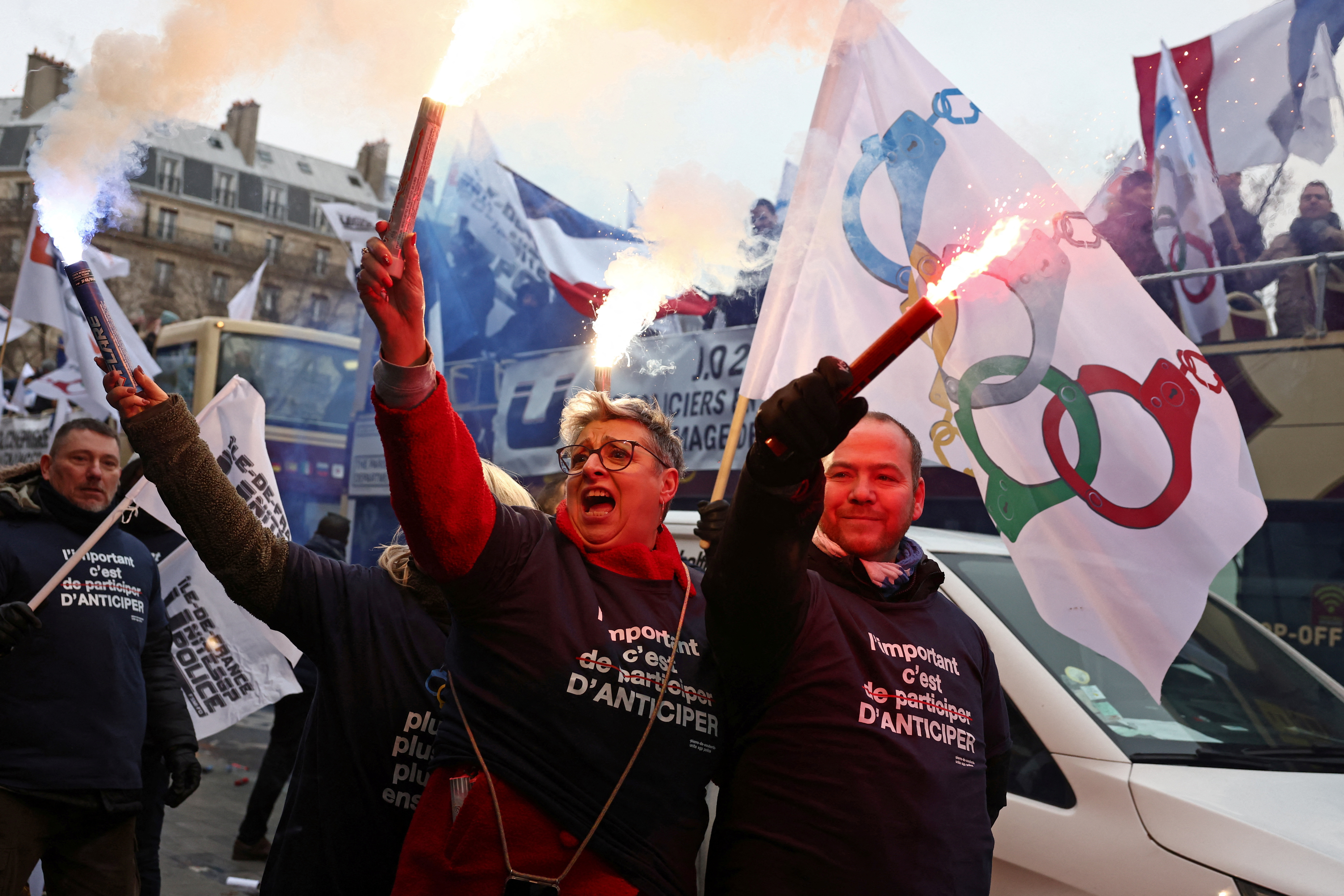 French police union members demonstrate ahead of the Paris 2024 Olympic Games