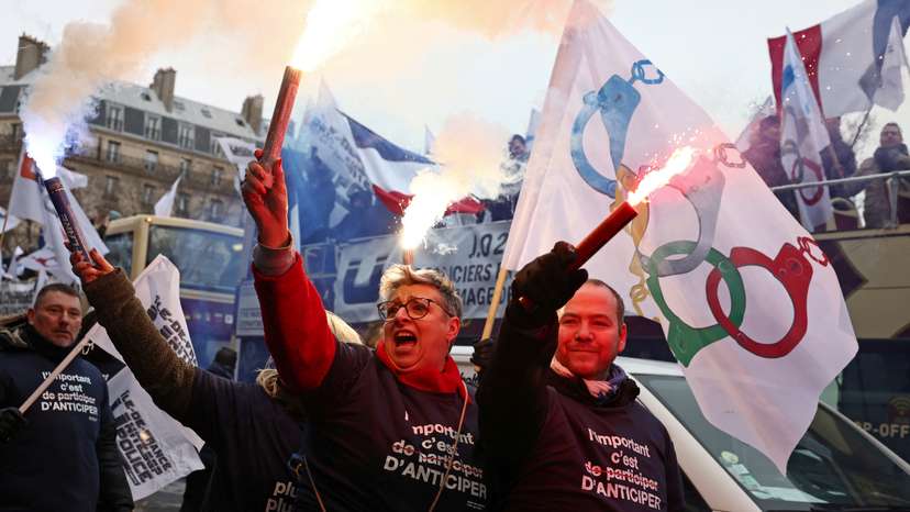 French police union members demonstrate ahead of the Paris 2024 Olympic Games