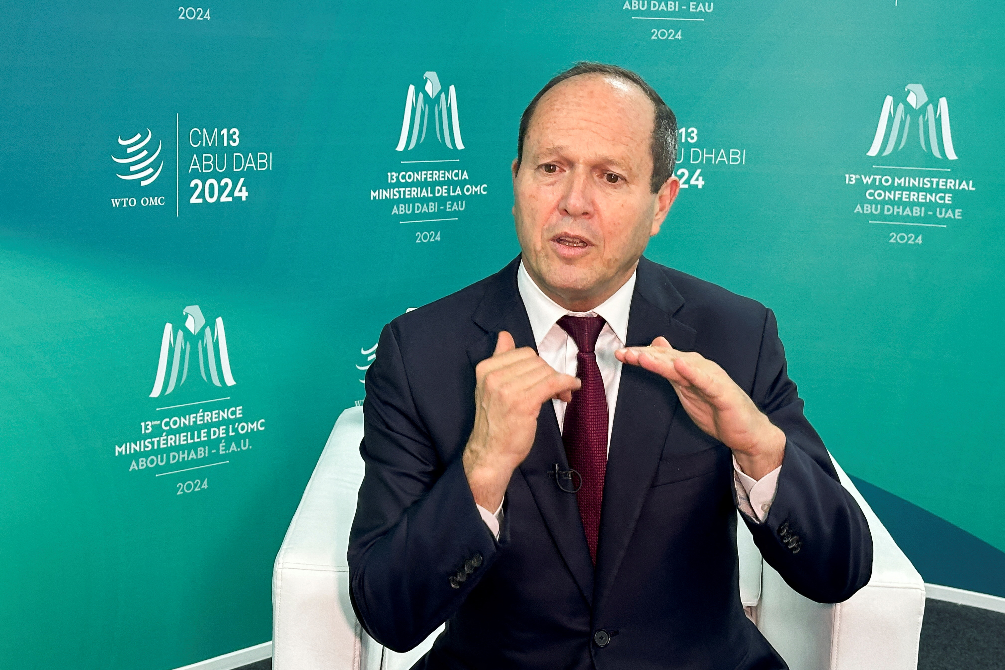 Israel’s Minister of Economy and Industry Nir Barkat attends an interview with Reuters at the 13th WTO ministerial conference, in Abu Dhabi