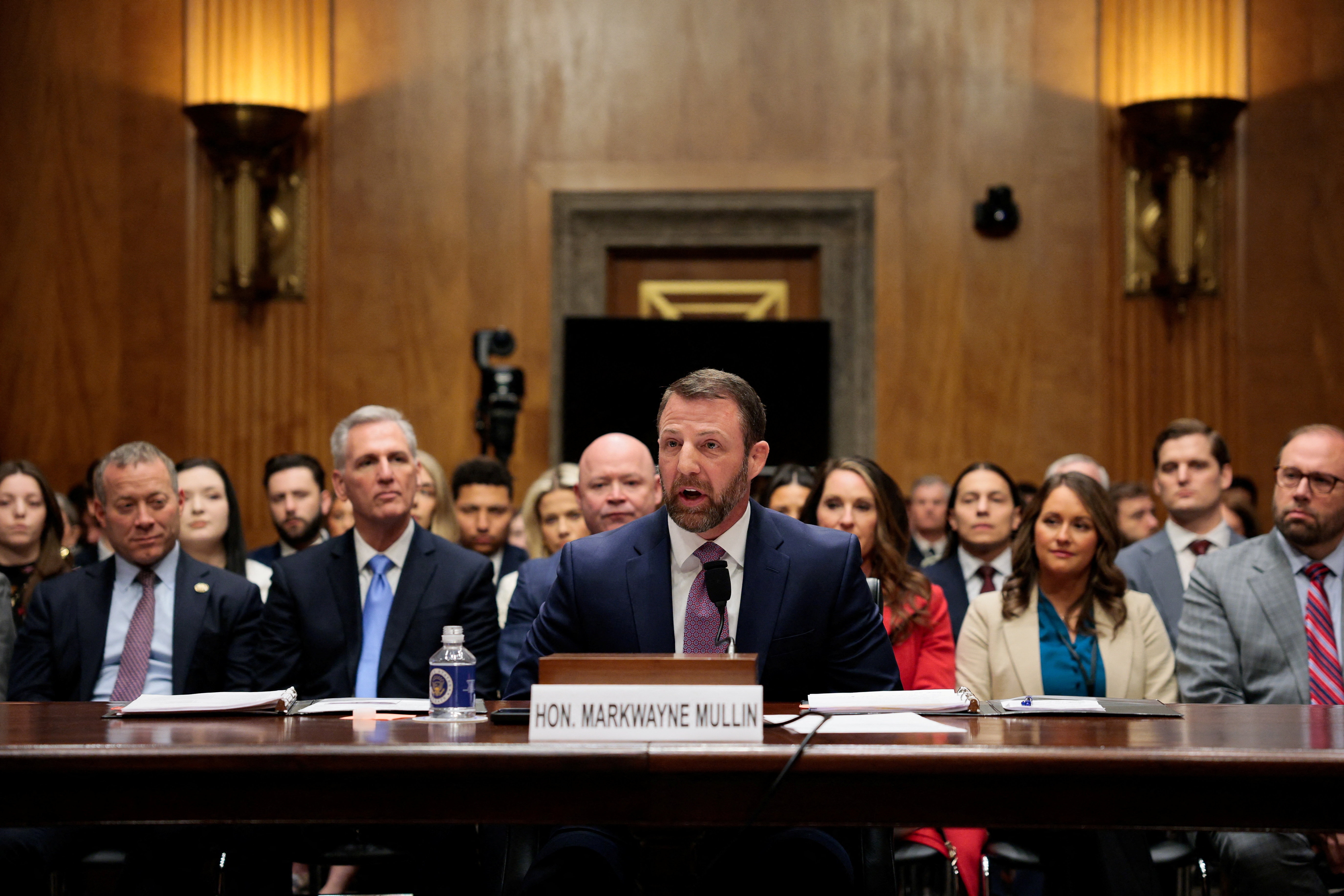 U.S. Senator Markwayne Mullin tesifies before a Senate Homeland Security and Governmental Affairs Committee confirmation hearing, in Washington