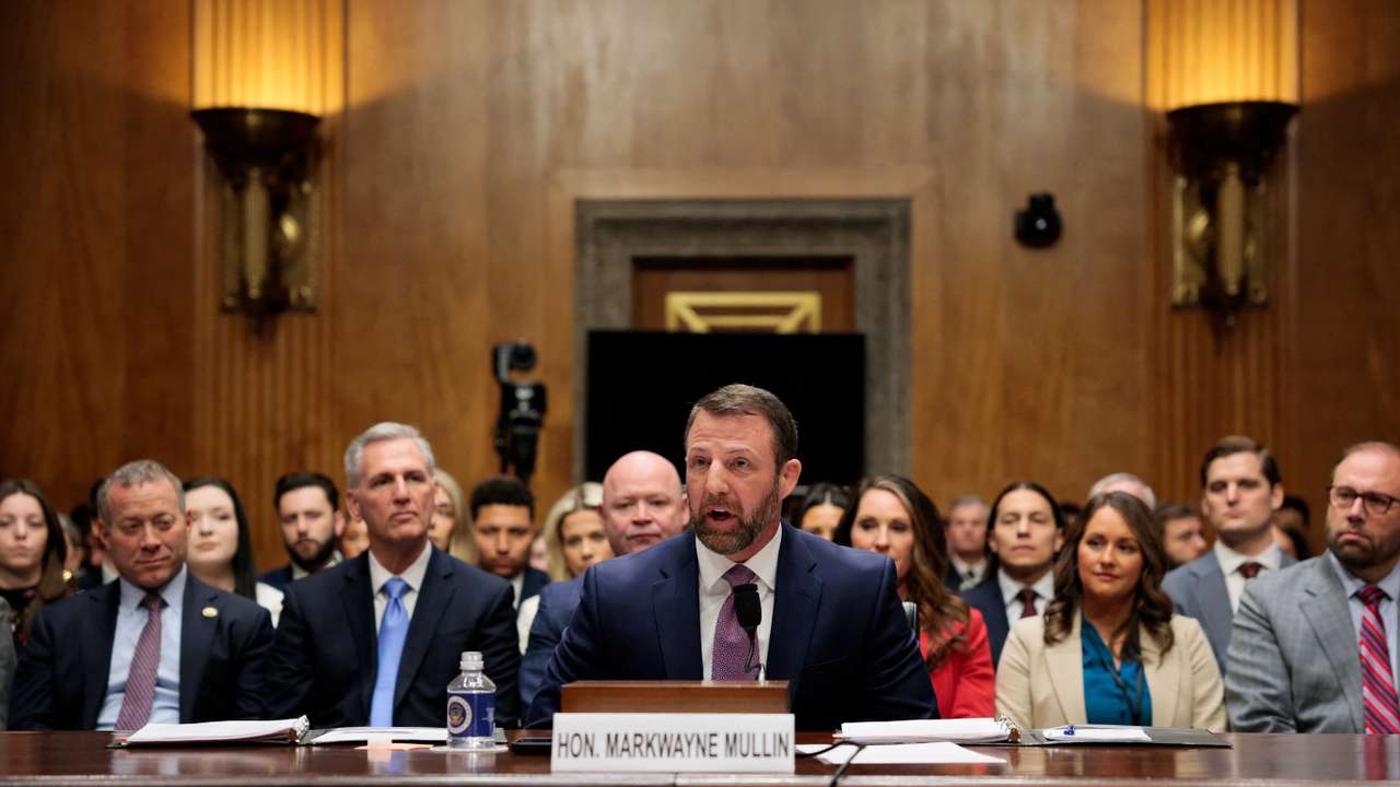 U.S. Senator Markwayne Mullin tesifies before a Senate Homeland Security and Governmental Affairs Committee confirmation hearing, in Washington
