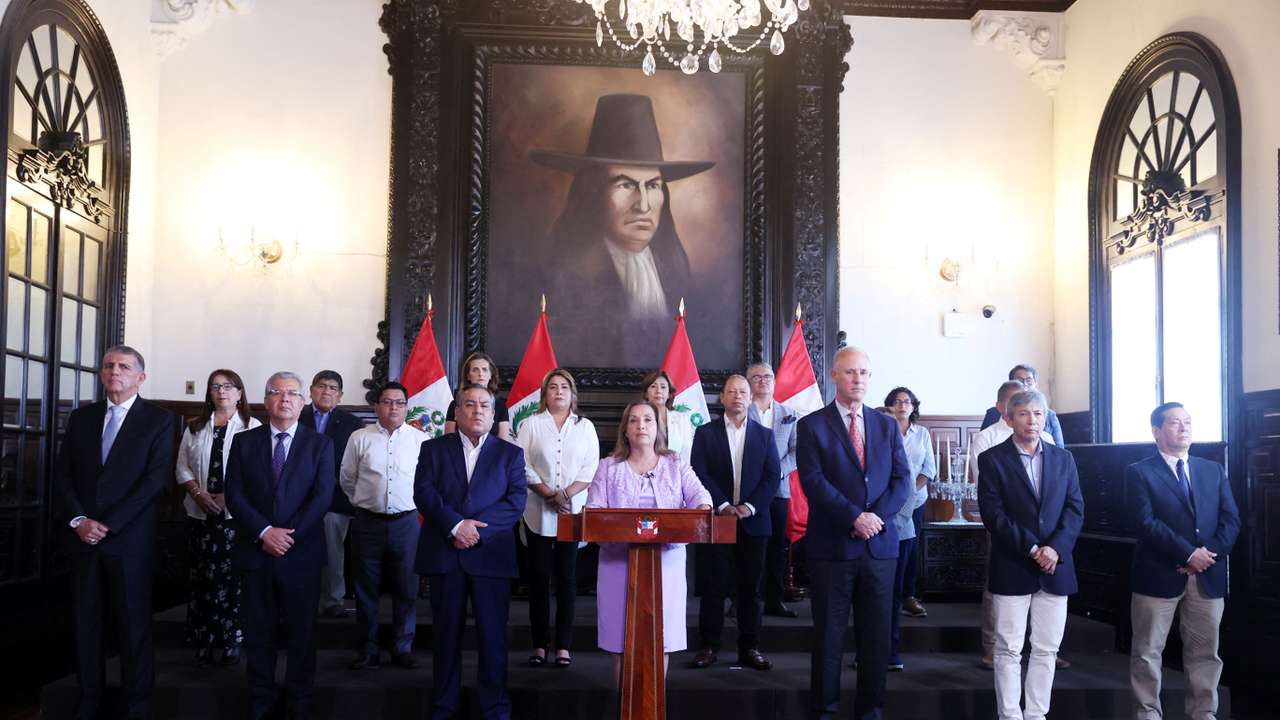 Peru's President Dina Boluarte addresses the nation after Peruvian prosecutors raided her home, in Lima