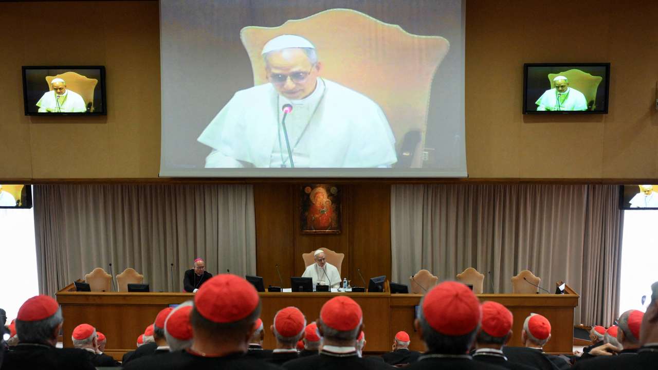 Pope Leo XIV speaks during a meeting with the Cardinals at the Vatican