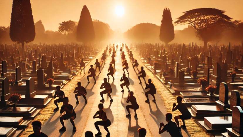 A group of silhouetted people exercising in a cemetery at dawn. They are doing squats, lunges, and stretches along a wide pathway lined with graveston