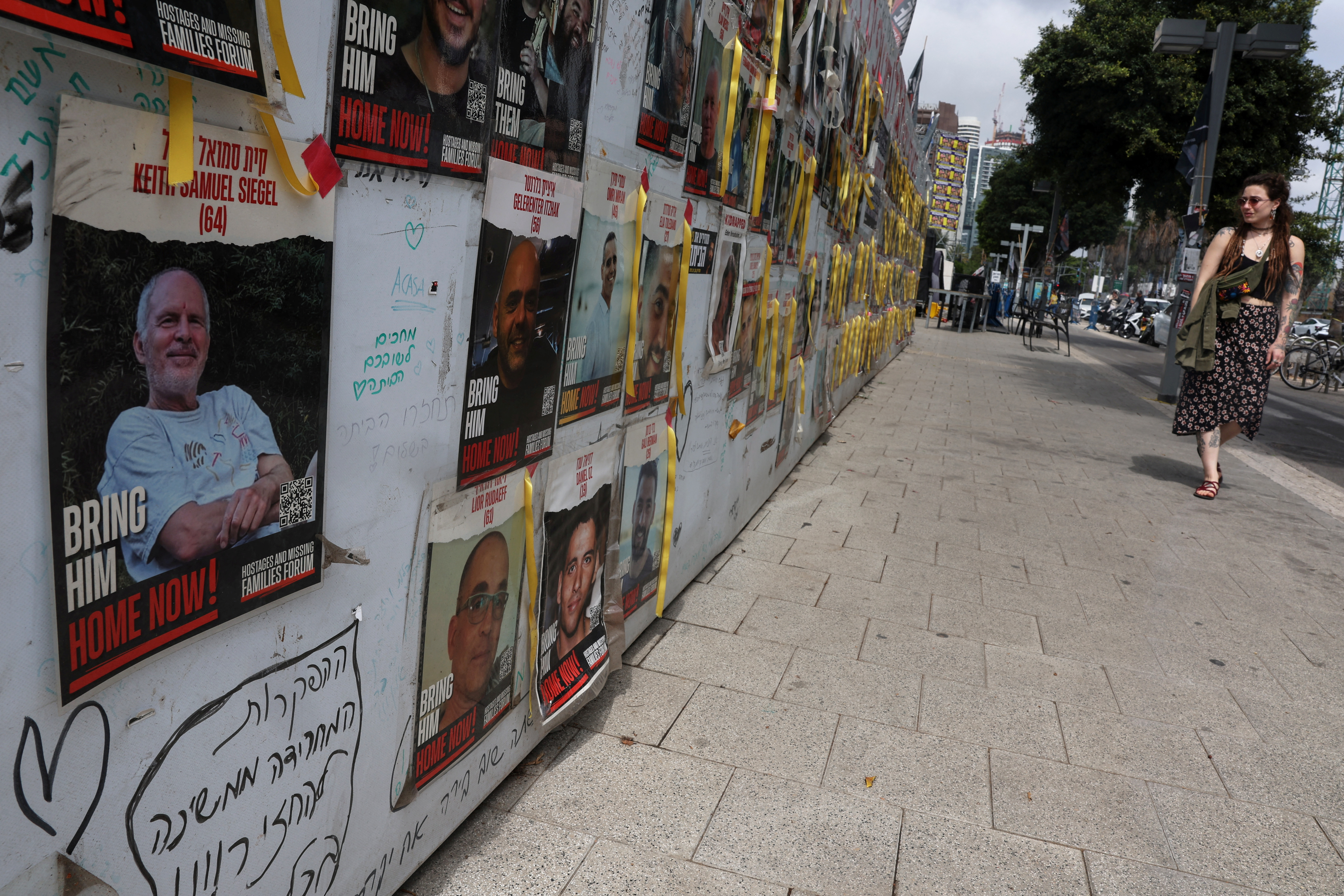 A view of a banner depicting Keith Siegel, who is a dual U.S. citizen seized during the October 7 attack on Israel and taken hostage into Gaza in Tel Aviv, Israel
