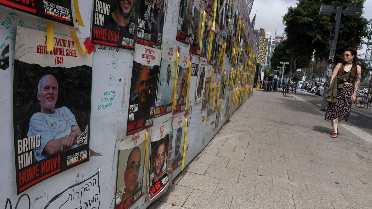A view of a banner depicting Keith Siegel, who is a dual U.S. citizen seized during the October 7 attack on Israel and taken hostage into Gaza in Tel Aviv, Israel