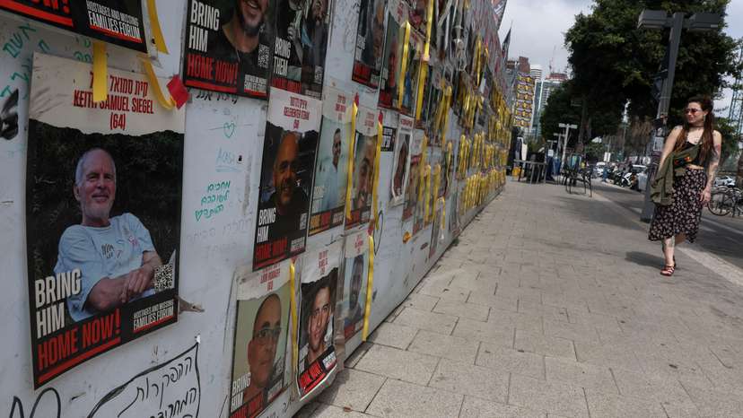 A view of a banner depicting Keith Siegel, who is a dual U.S. citizen seized during the October 7 attack on Israel and taken hostage into Gaza in Tel Aviv, Israel