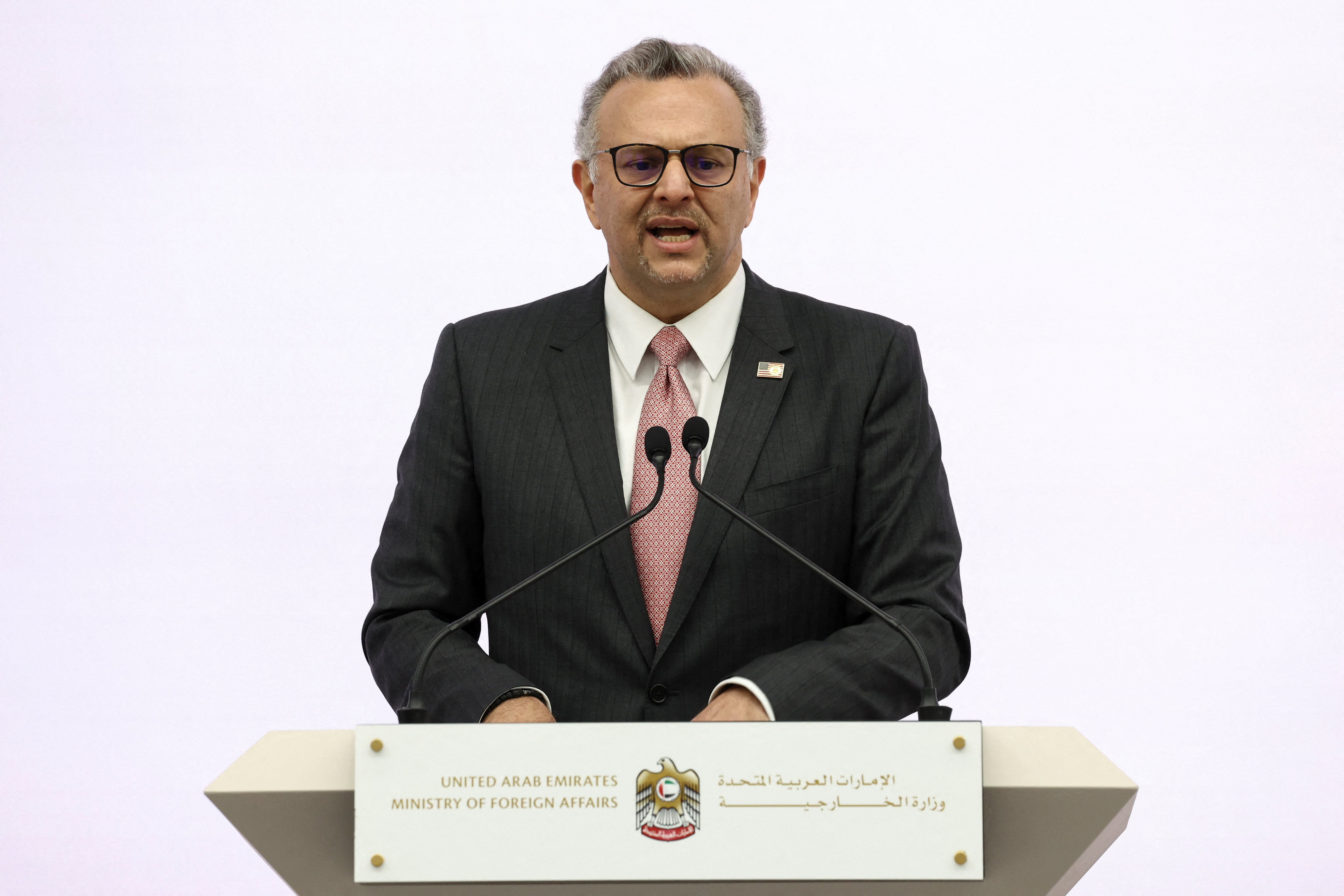 U.S. Senior Advisor for Arab and African Affairs, Massad Boulos, speaks during a press conference on the ongoing conflict in Sudan, in Abu Dhabi
