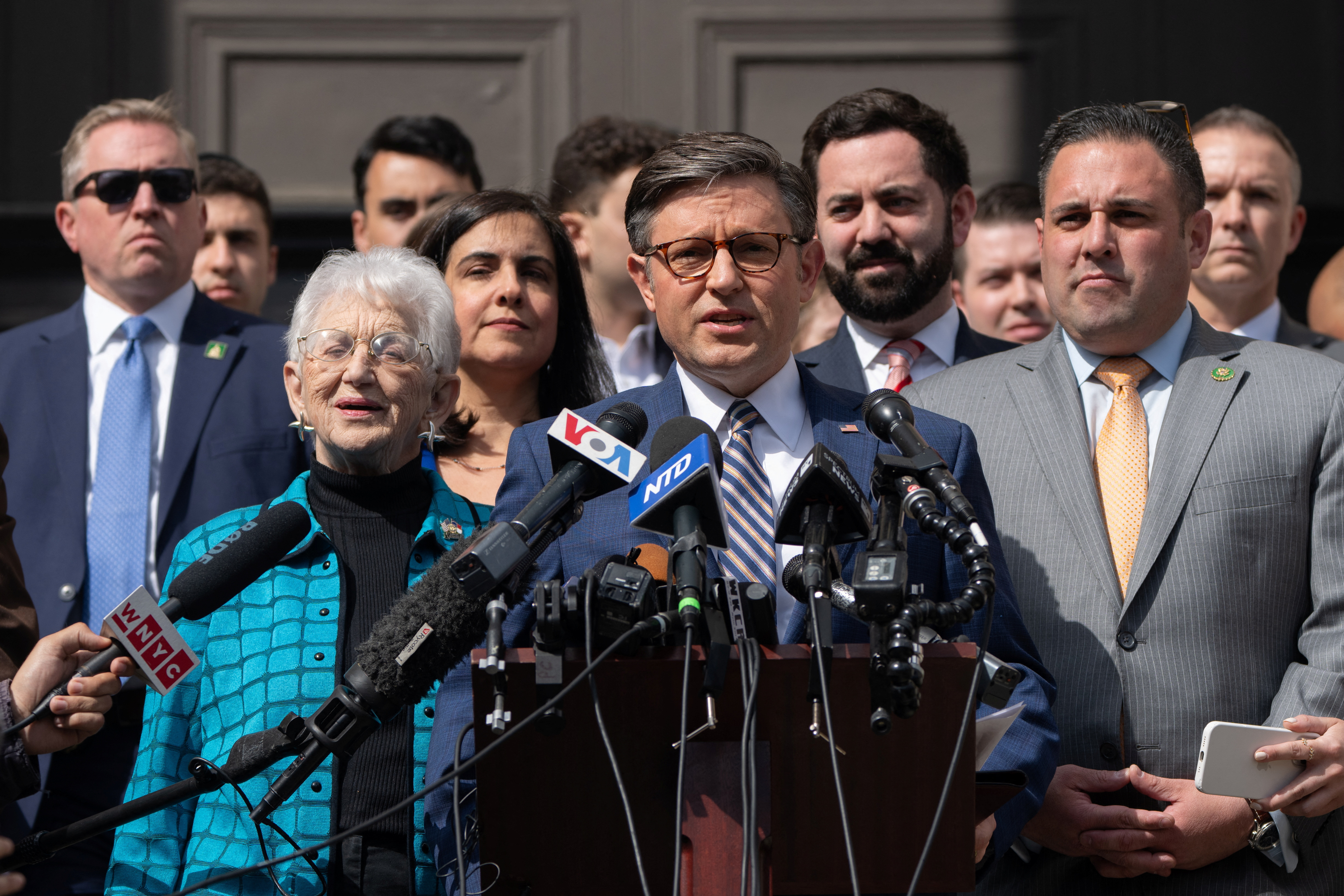 Speaker of the U.S. House of Representatives Mike Johnson speaks at a news conference at Columbia University in response to Demonstrators protesting in support of Palestinians in New York