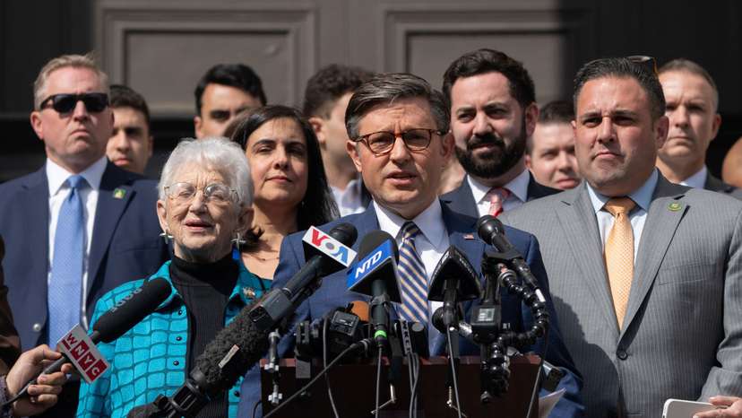 Speaker of the U.S. House of Representatives Mike Johnson speaks at a news conference at Columbia University in response to Demonstrators protesting in support of Palestinians in New York