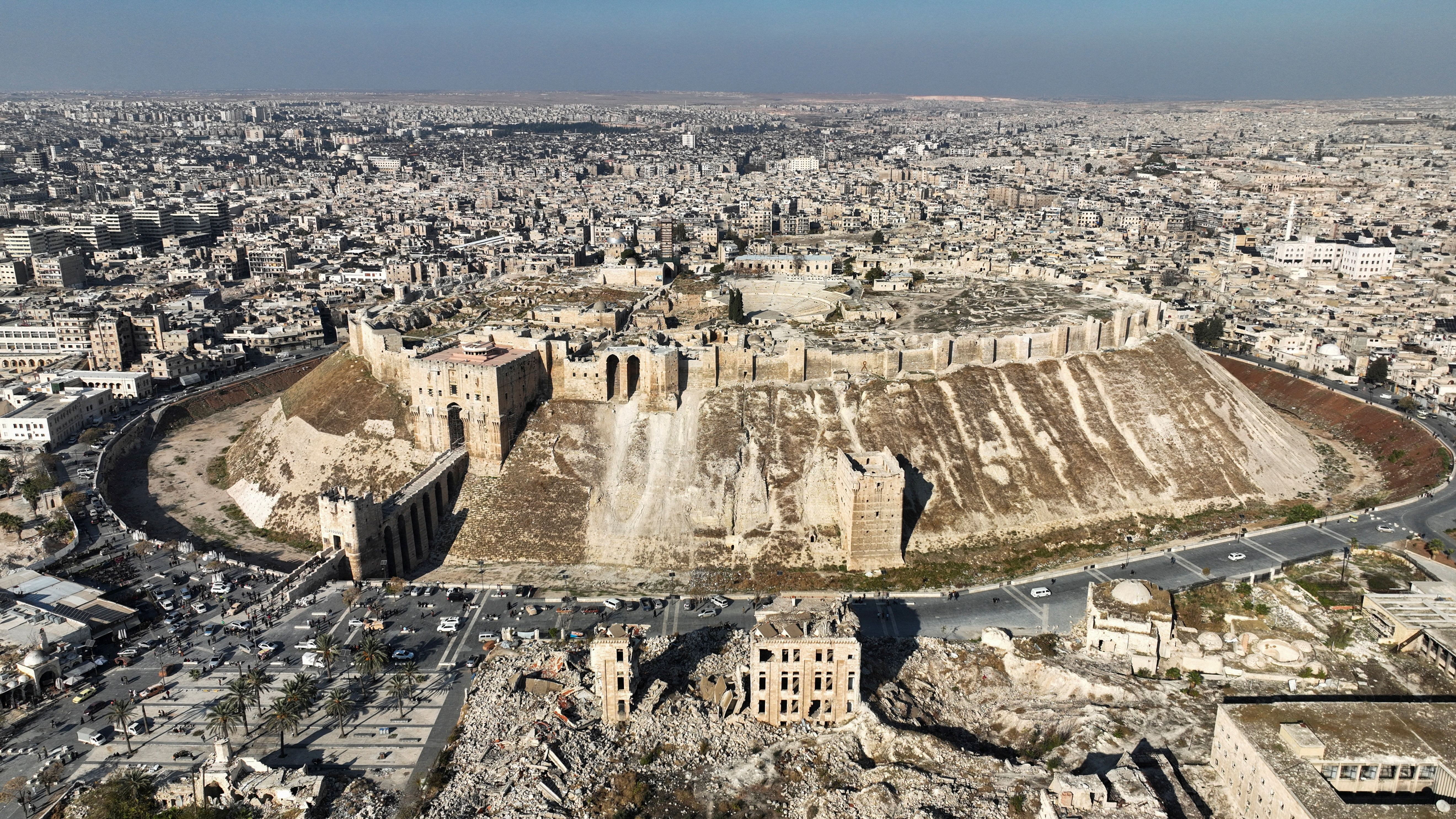 A drone view shows Aleppo's ancient citadel