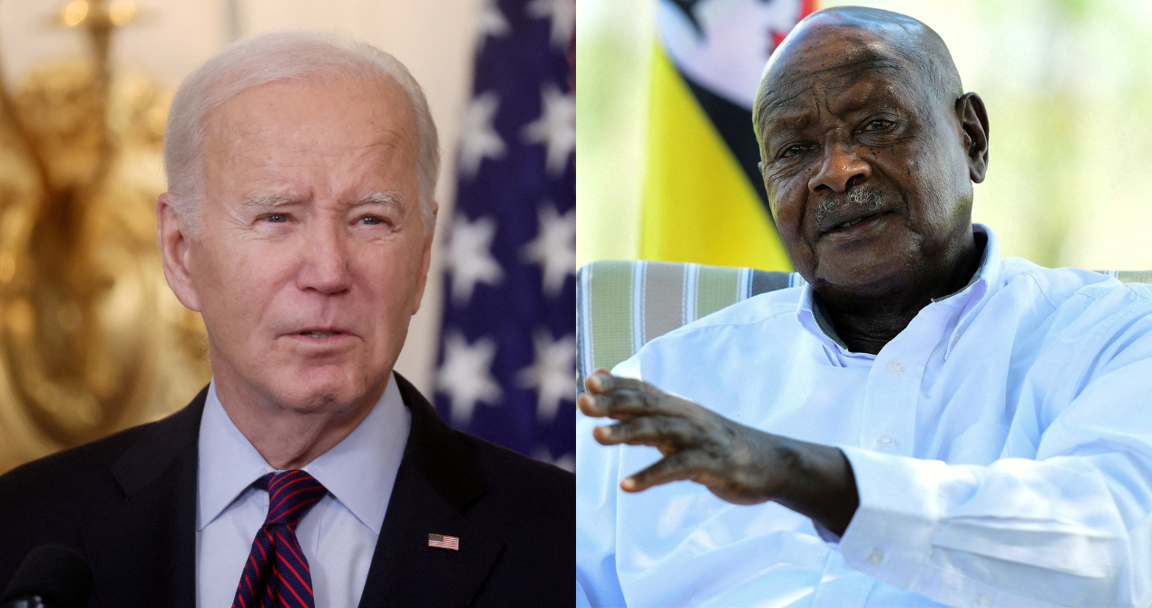 FILE PHOTO: U.S. President Joe Biden at the White House (L) and FILE PHOTO: Uganda's President Yoweri Museveni wants trade barriers to come down, in Kisozi (R)