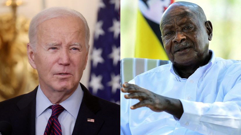 FILE PHOTO: U.S. President Joe Biden at the White House (L) and FILE PHOTO: Uganda's President Yoweri Museveni wants trade barriers to come down, in Kisozi (R)