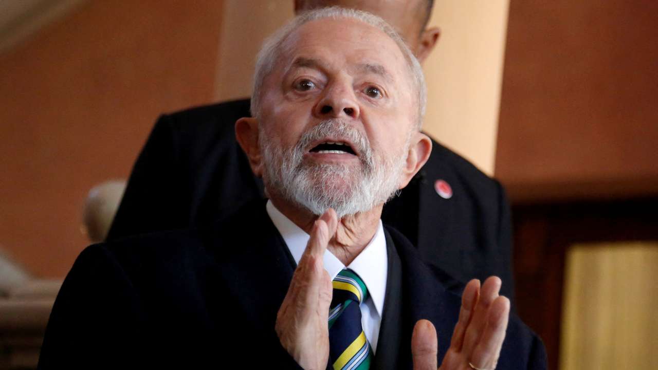 Brazil's President Luiz Inacio Lula da Silva gestures to media during the Mercosur summit in Asuncion