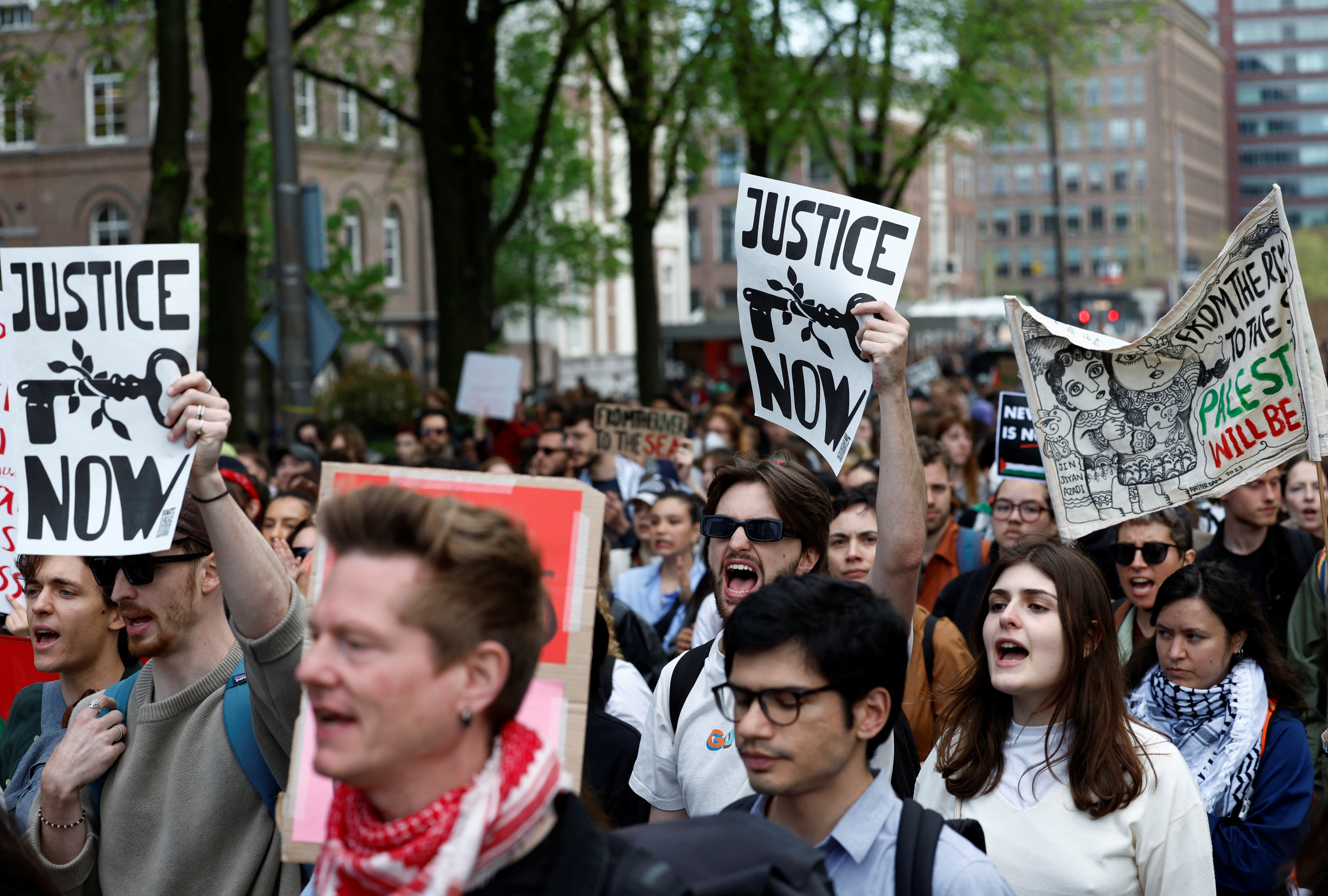 Students and employees of the University of Amsterdam protest against the ongoing conflict between Israel and the Palestinian Islamist group Hamas in Gaza, in Amsterdam