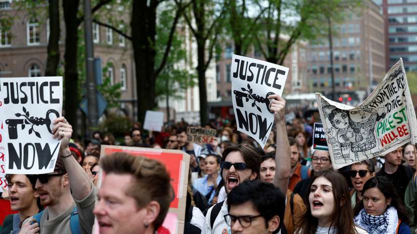 Students and employees of the University of Amsterdam protest against the ongoing conflict between Israel and the Palestinian Islamist group Hamas in Gaza, in Amsterdam