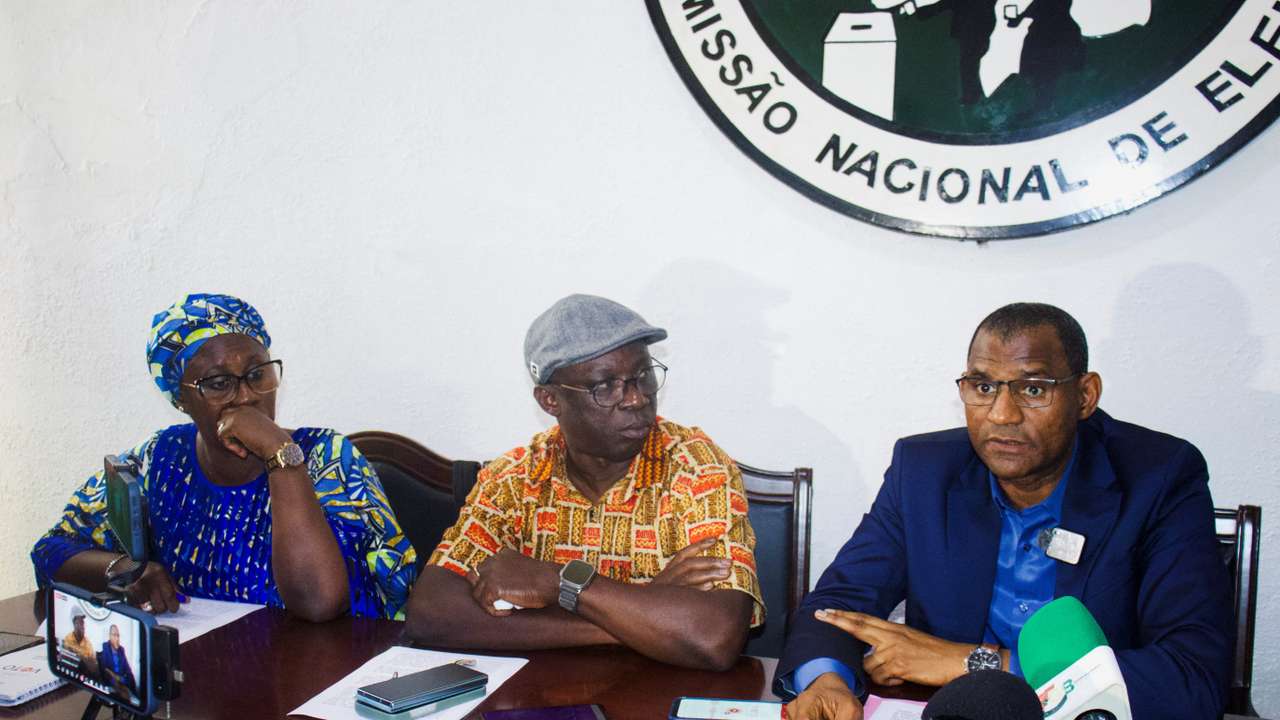 Officials of Guinea-Bissau's electoral commission address the media in Bissau, Guinea-Bissau
