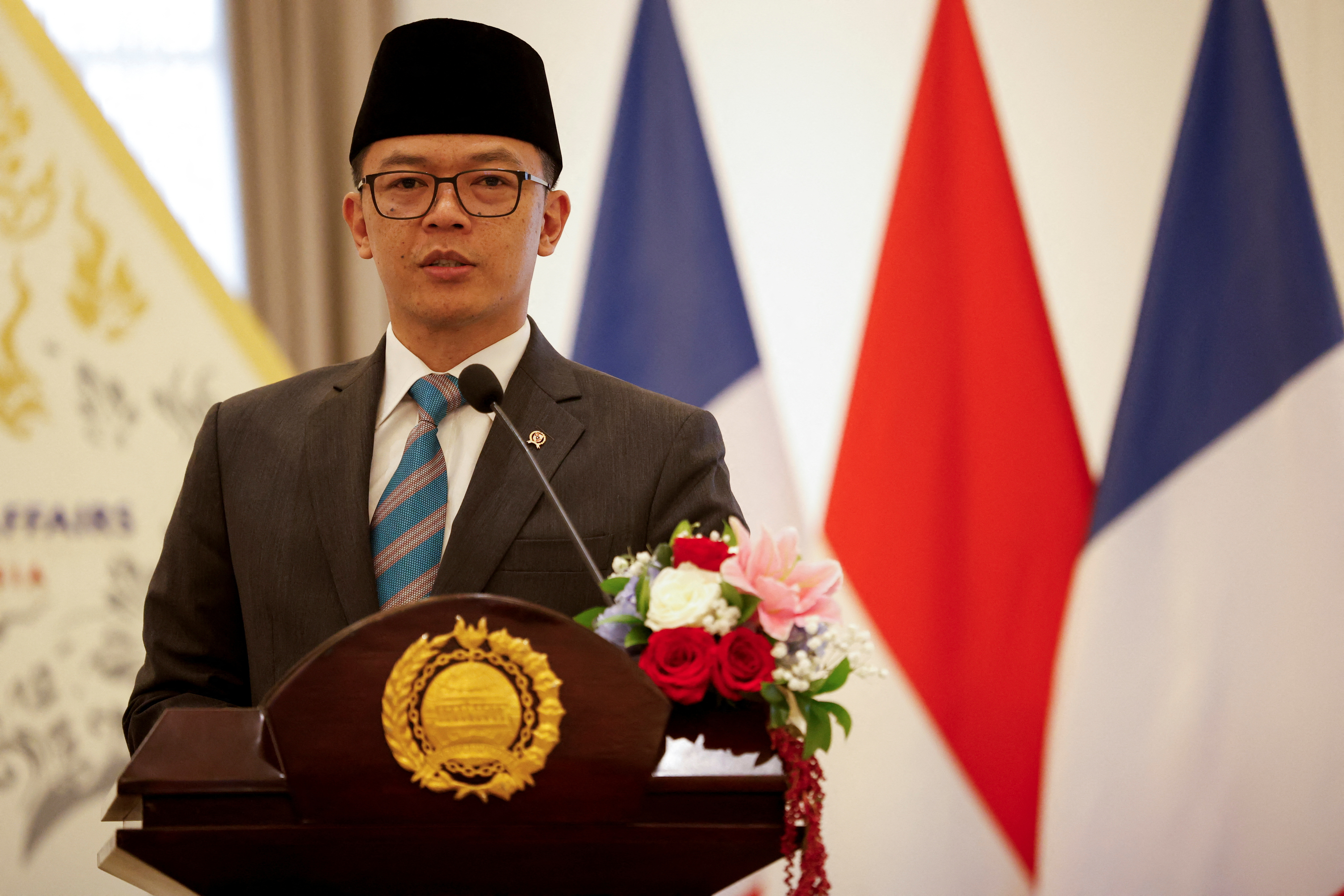 Indonesia's Foreign Minister Sugiono speaks during a press briefing in Jakarta