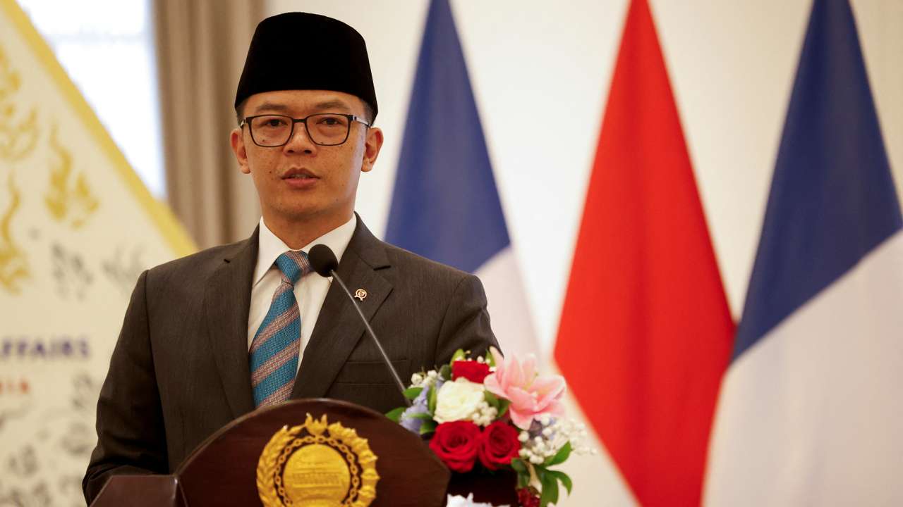 Indonesia's Foreign Minister Sugiono speaks during a press briefing in Jakarta