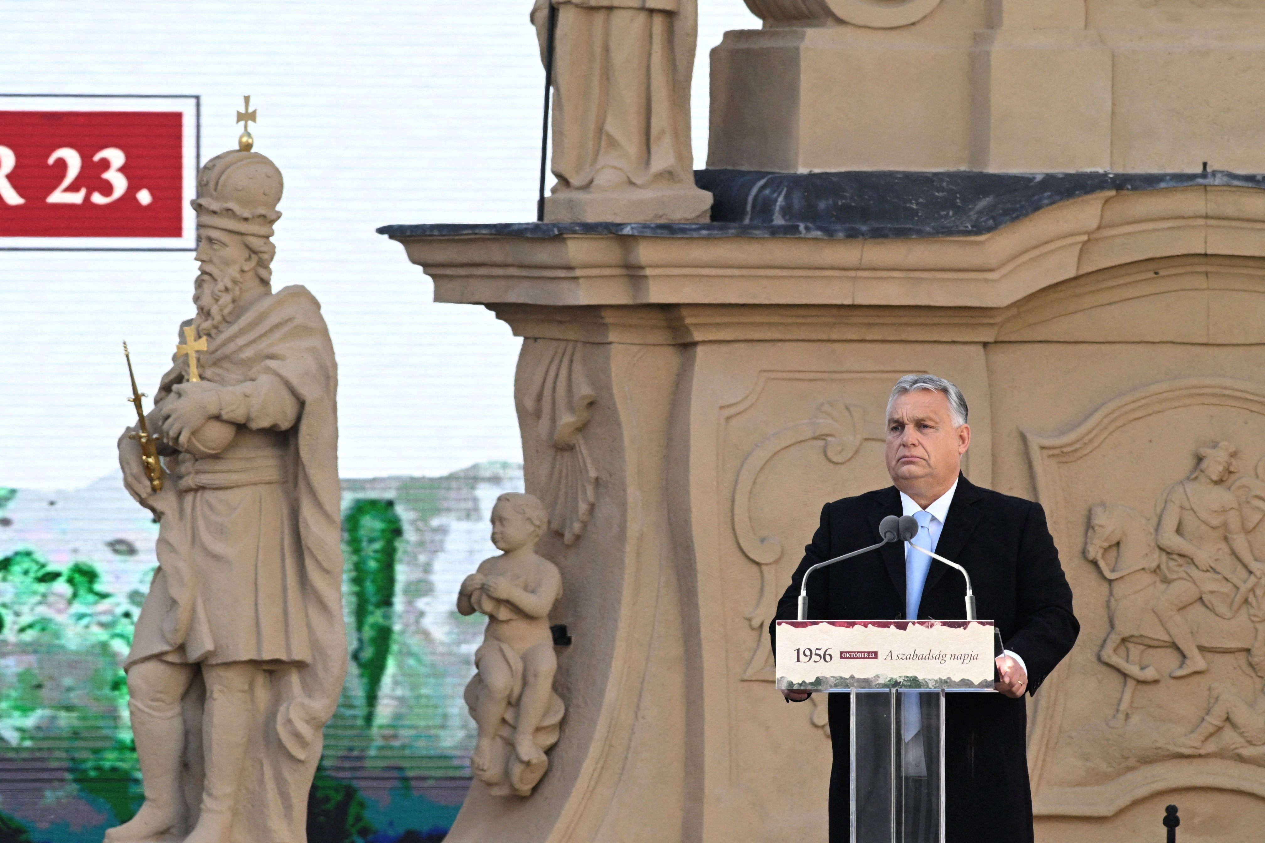 Hungarian Prime Minister Orban delivers a speech during the celebrations of the 67th anniversary of the Hungarian Uprising of 1956, in Veszprem