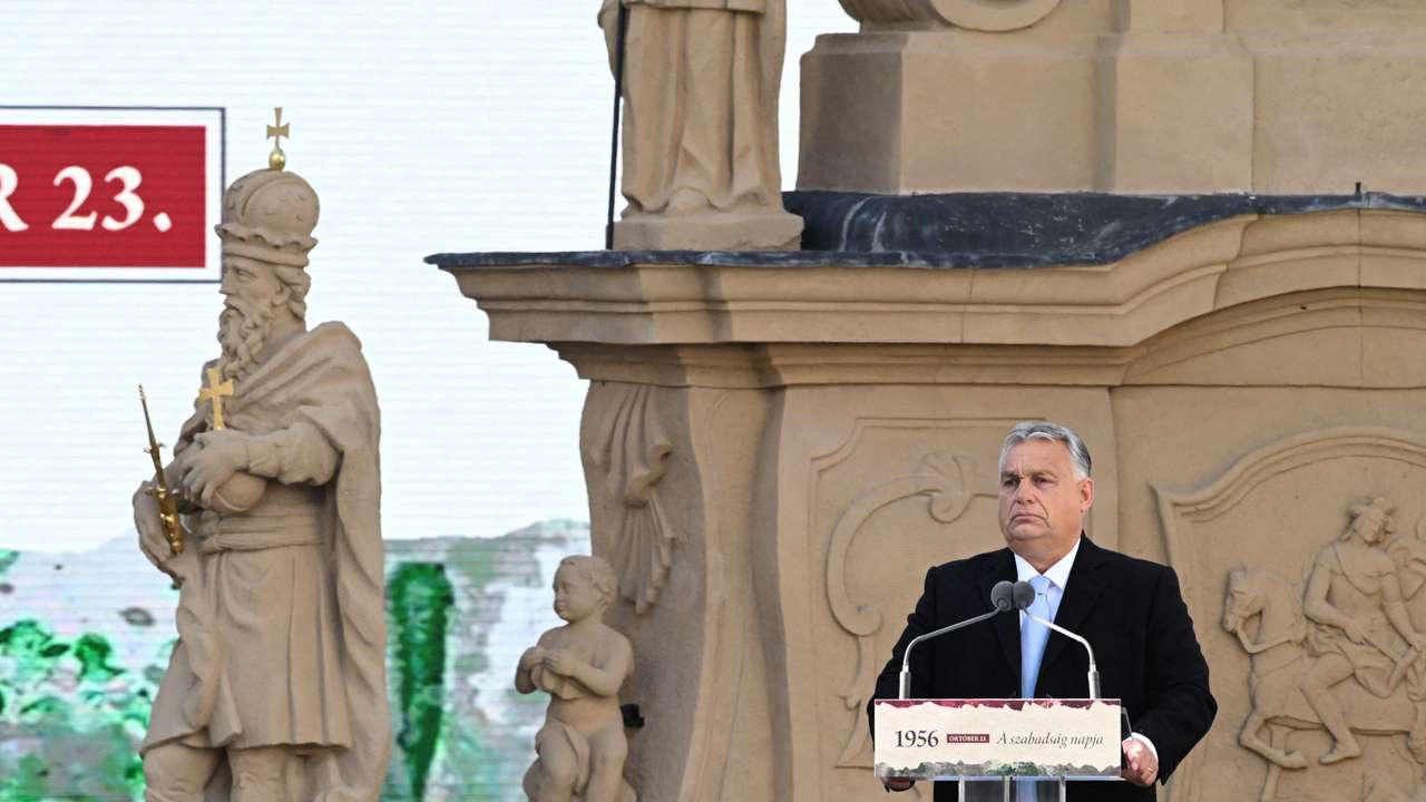 Hungarian Prime Minister Orban delivers a speech during the celebrations of the 67th anniversary of the Hungarian Uprising of 1956, in Veszprem