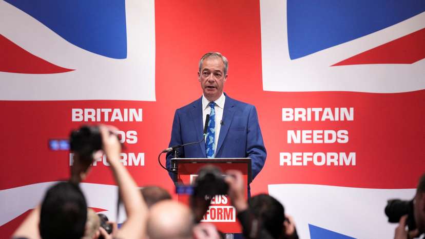 Honorary President of the Reform UK party Nigel Farage attends press conference, in London