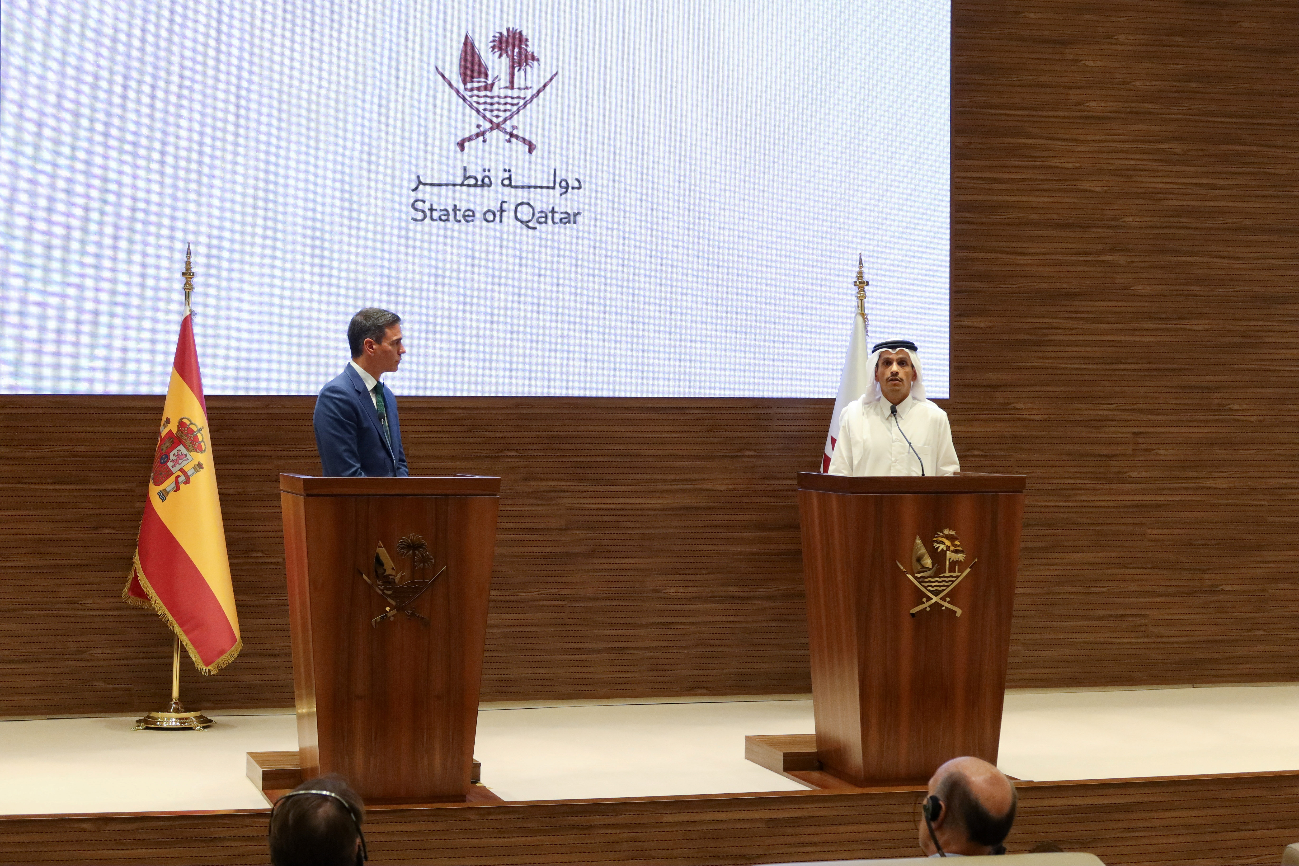Qatar's Prime Minister and Foreign Minister Sheikh Mohammed Bin Abdulrahman al-Thani and Spain's Prime Minister Pedro Sanchez hold a joint press conference in Doha