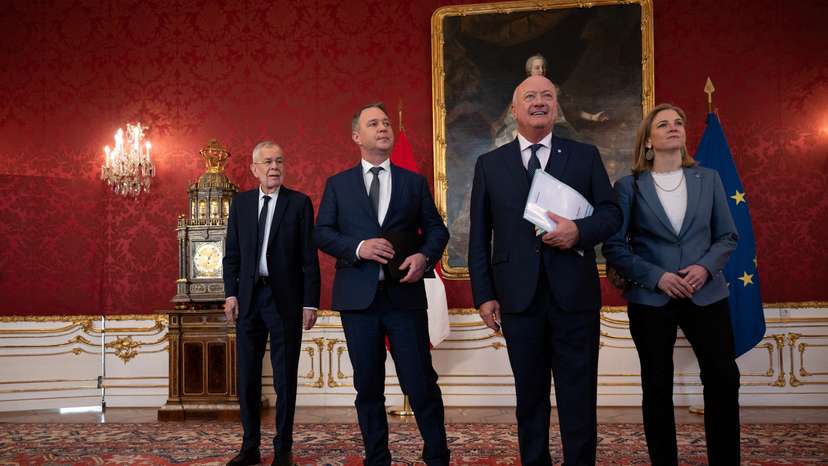 Head of People’s Party (OeVP) Christian Stocker, Head of Social Democrats Andreas Babler and head of NEOS party Beate Meinl-Reisinger meet Austrian President Alexander Van der Bellen