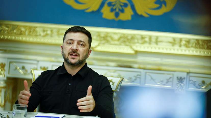 Ukraine's President Zelenskiy speaks during a meeting with the media in Kyiv