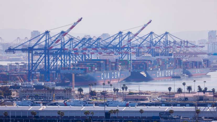 Containships are shown at the Port of Los Angeles